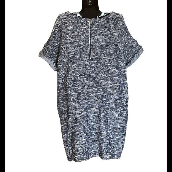 Vince Marled Tweed Blue Knit Rolled Cuff Short Sleeve Shift Dress Sz L - Picture 2 of 6